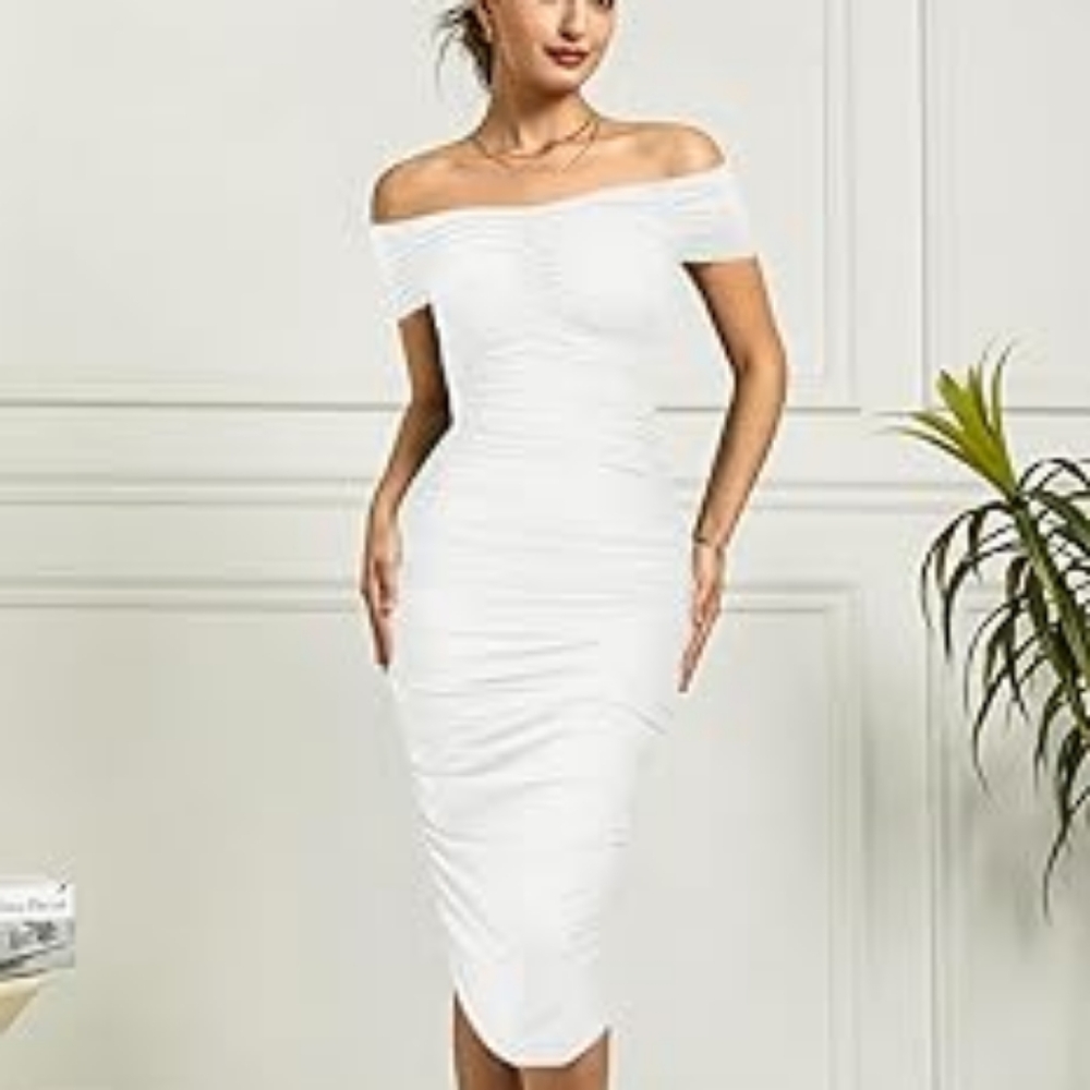Women's Sexy Off The Shoulder Ruched Bodycon Dresses Short Sleeve Fitted